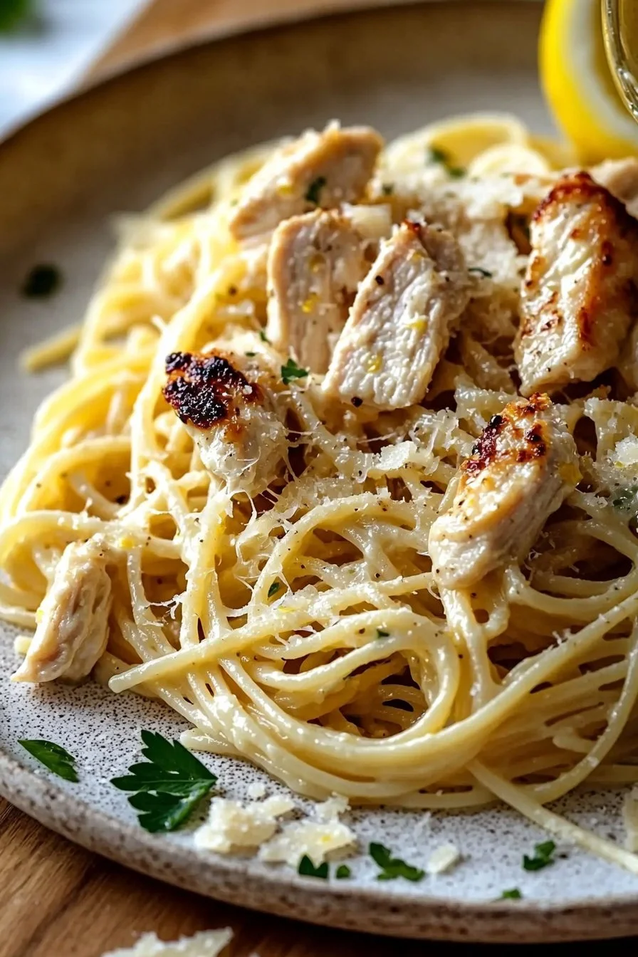 Delicious Chicken Pasta with Lemon Garlic Sauce served on a plate