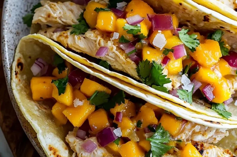 Chicken tacos topped with mango salsa on a wooden plate