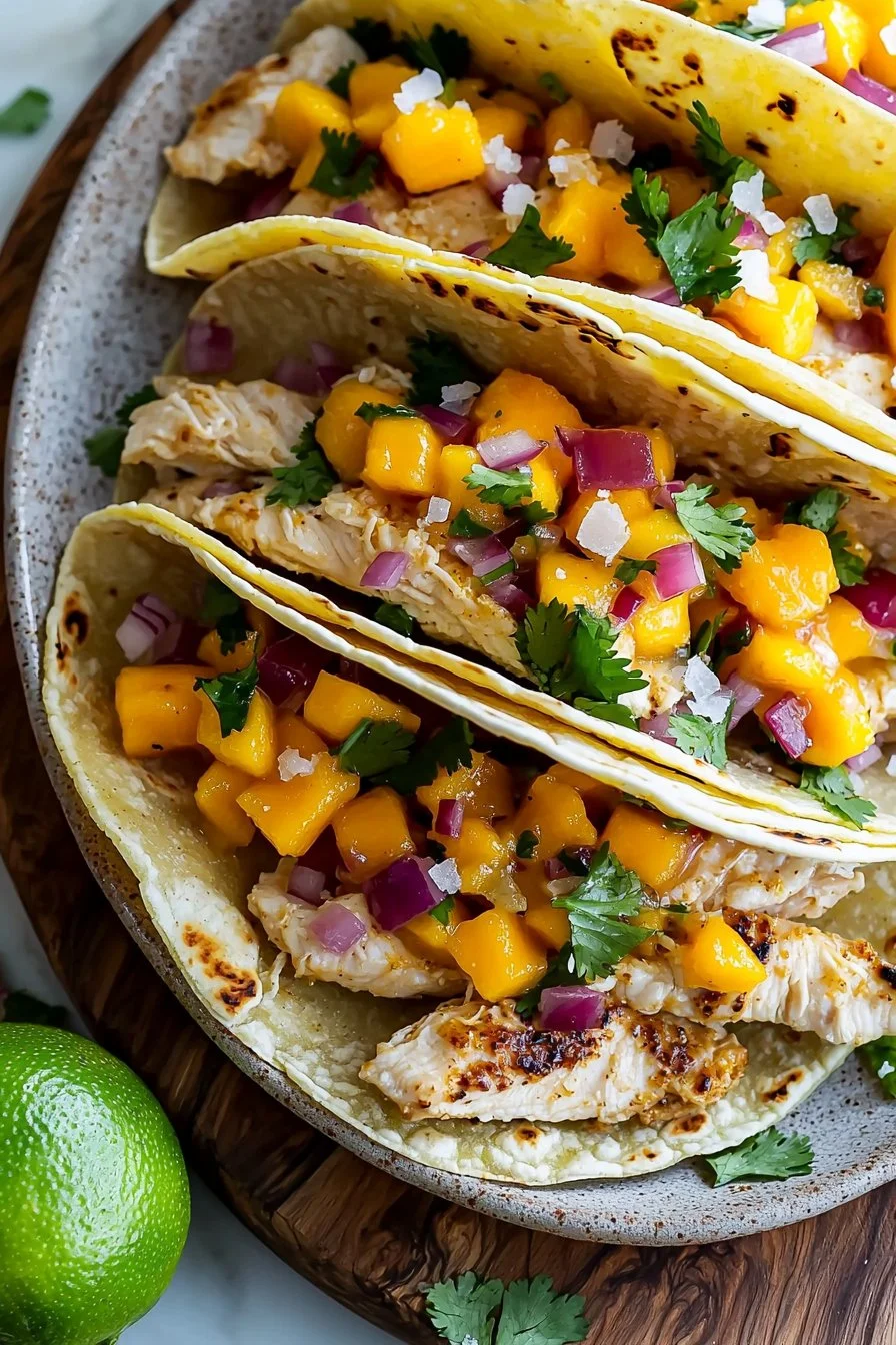 Chicken tacos topped with mango salsa on a wooden plate