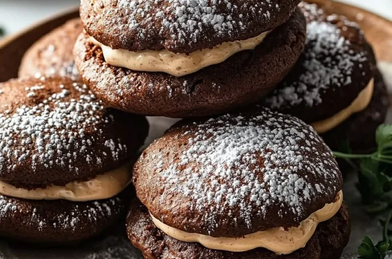 Chocolate Coffee Whoopie Pies stacked on a plate, ready to enjoy.