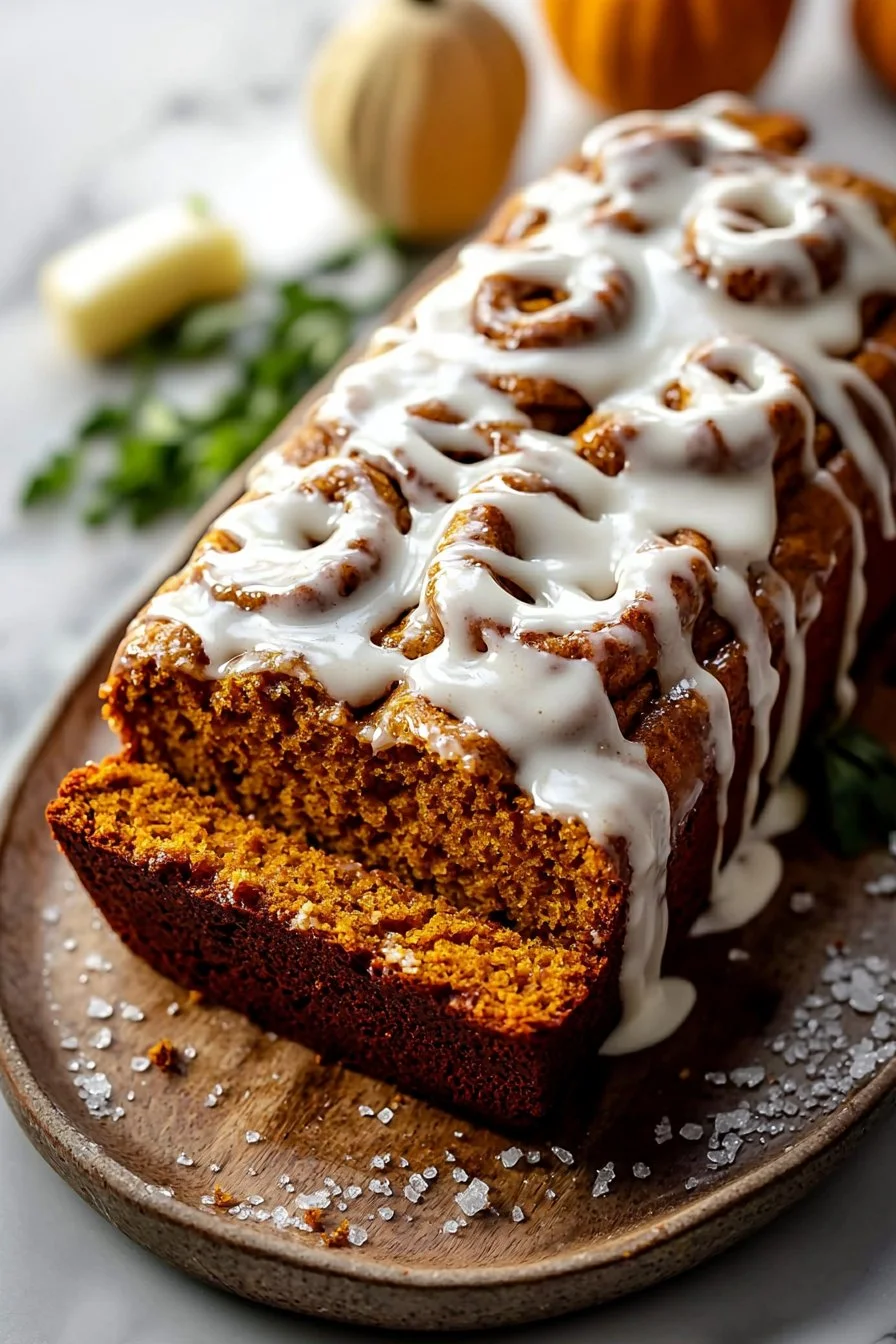 Cinnamon Roll Pumpkin Bread with Cream Cheese Glaze