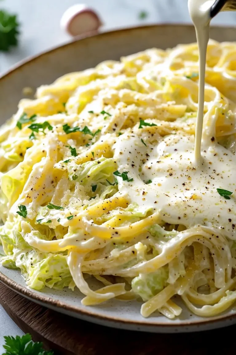 Creamy Alfredo Cabbage Pasta garnished with parmesan cheese and parsley