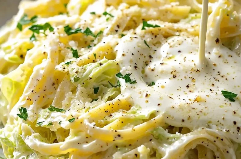 Creamy Alfredo Cabbage Pasta garnished with parmesan cheese and parsley