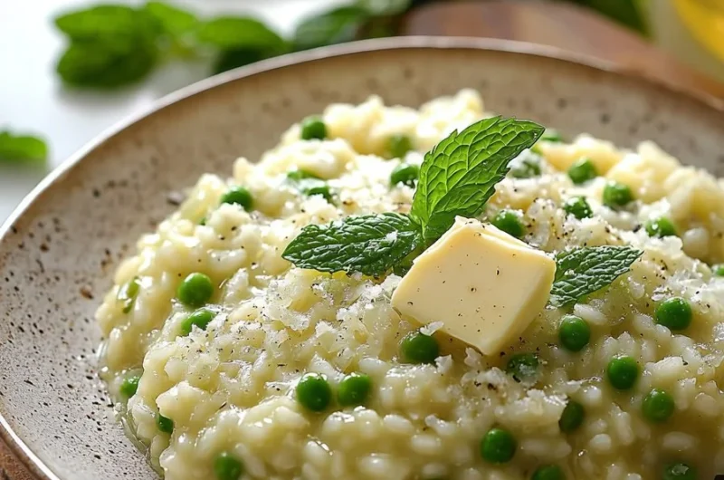 Creamy pea mint risotto topped with fresh herbs and a hint of lemon.