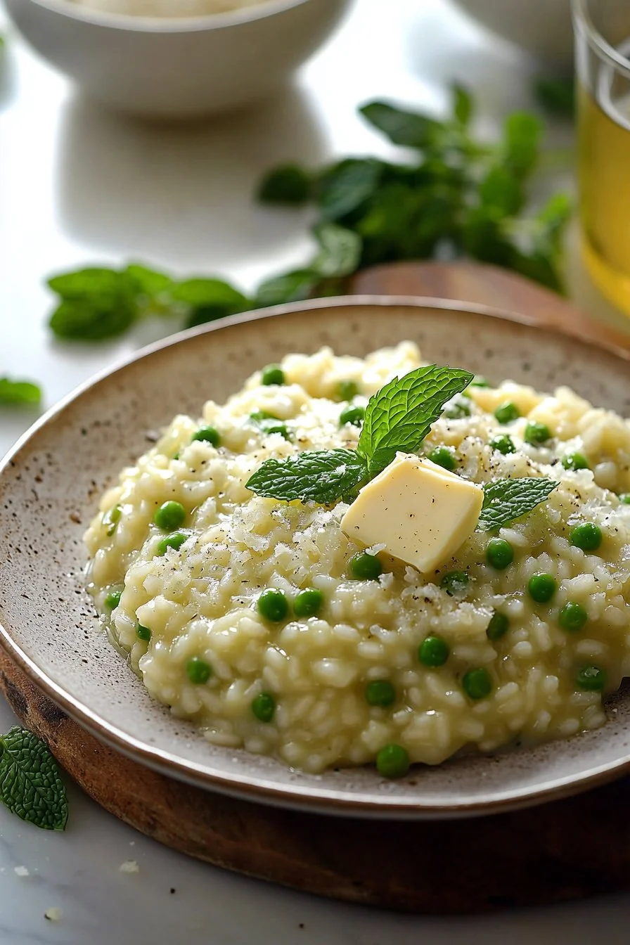 Creamy pea mint risotto topped with fresh herbs and a hint of lemon.