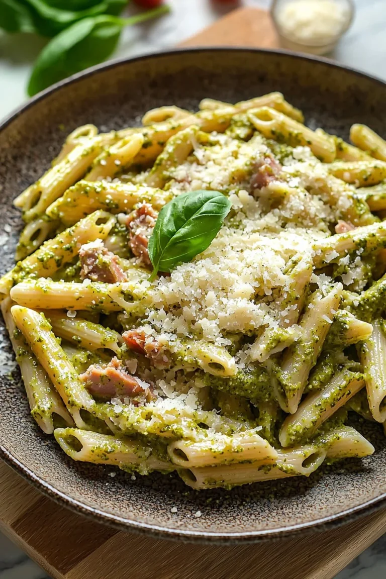 Creamy Tuna Pesto Pasta served in a bowl with fresh herbs and a sprinkle of cheese