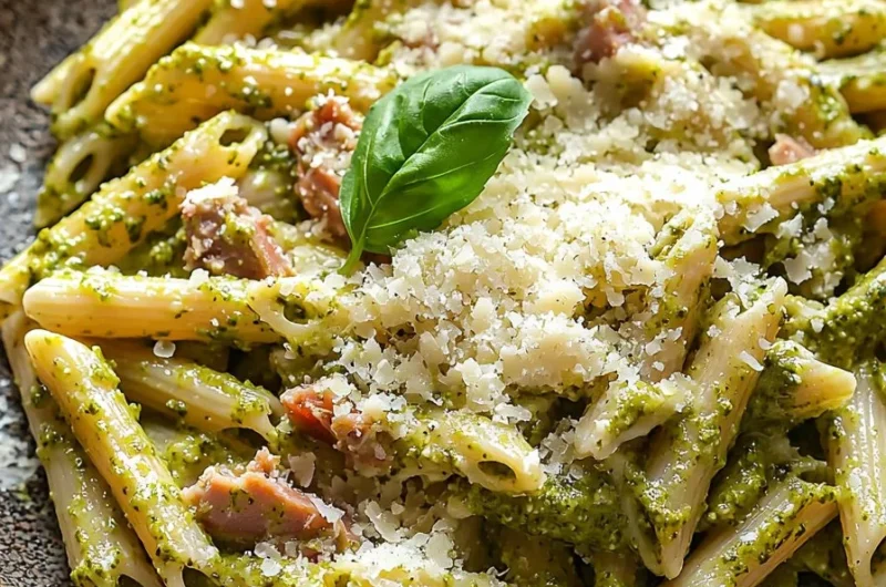Creamy Tuna Pesto Pasta served in a bowl with fresh herbs and a sprinkle of cheese