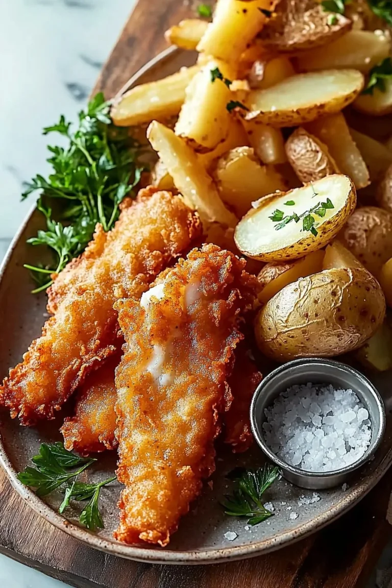 Crispy beer battered fish served with golden chips on a plate