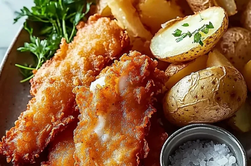 Crispy beer battered fish served with golden chips on a plate