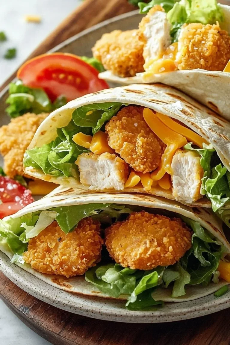 Crispy chicken nugget wraps served on a plate with dipping sauce