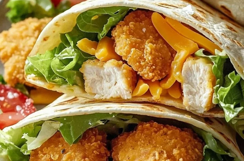 Crispy chicken nugget wraps served on a plate with dipping sauce