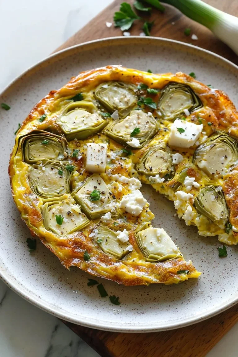 Easy artichoke leek frittata served on a plate with herbs