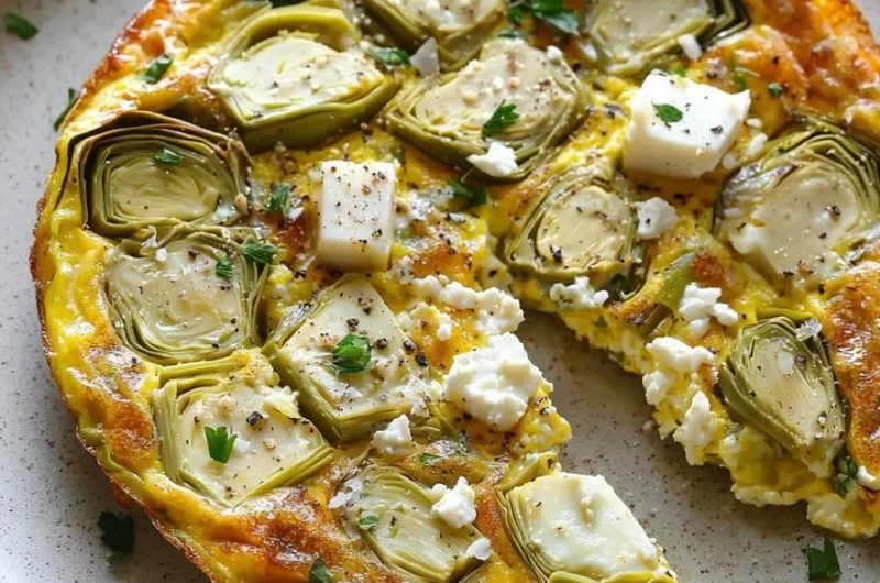 Easy artichoke leek frittata served on a plate with herbs