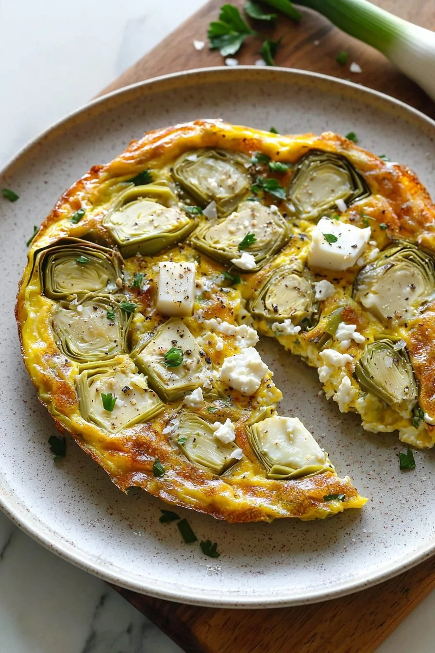 Easy artichoke leek frittata served on a plate with herbs