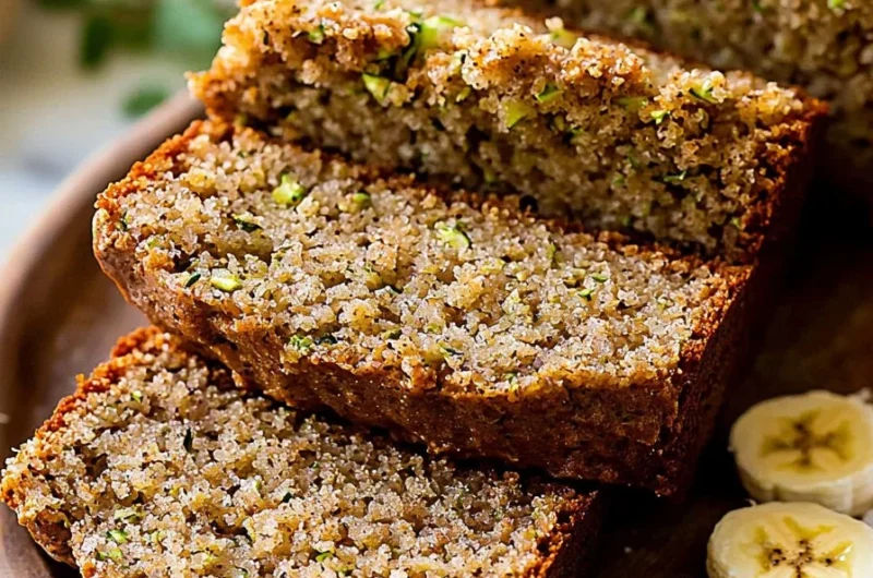 Loaf of easy banana zucchini bread on a wooden table