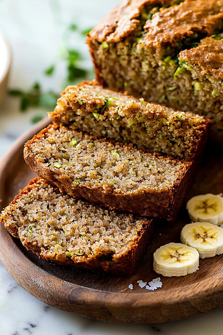 Loaf of easy banana zucchini bread on a wooden table