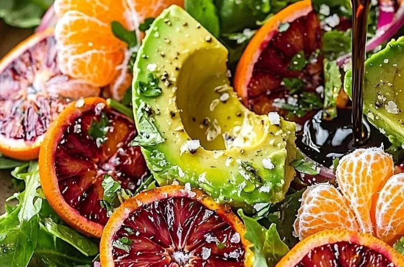 Colorful blood orange avocado salad with citrus dressing in a bowl.