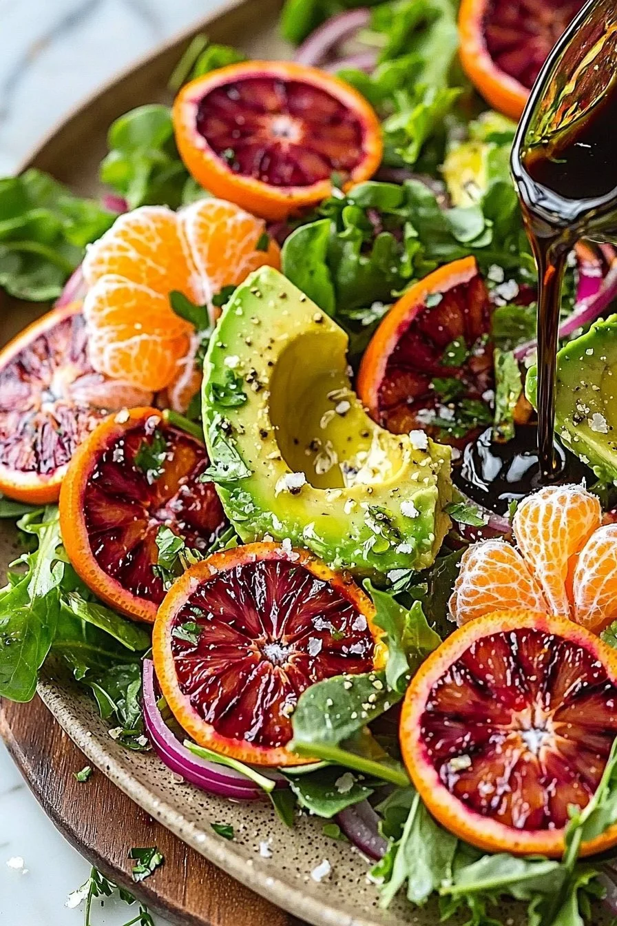 Colorful blood orange avocado salad with citrus dressing in a bowl.