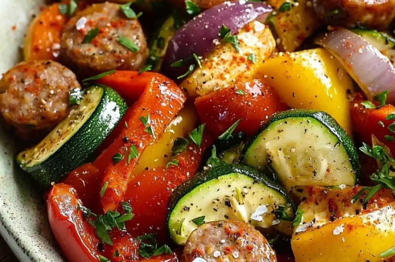 Easy chicken sausage and veggies sheet pan recipe ready to bake.