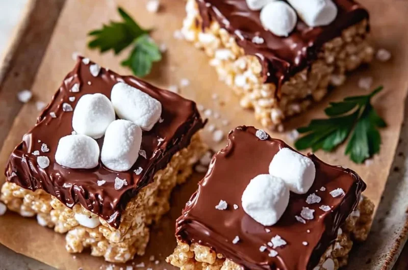 Easy chocolate dipped rice krispy treats on a colorful plate