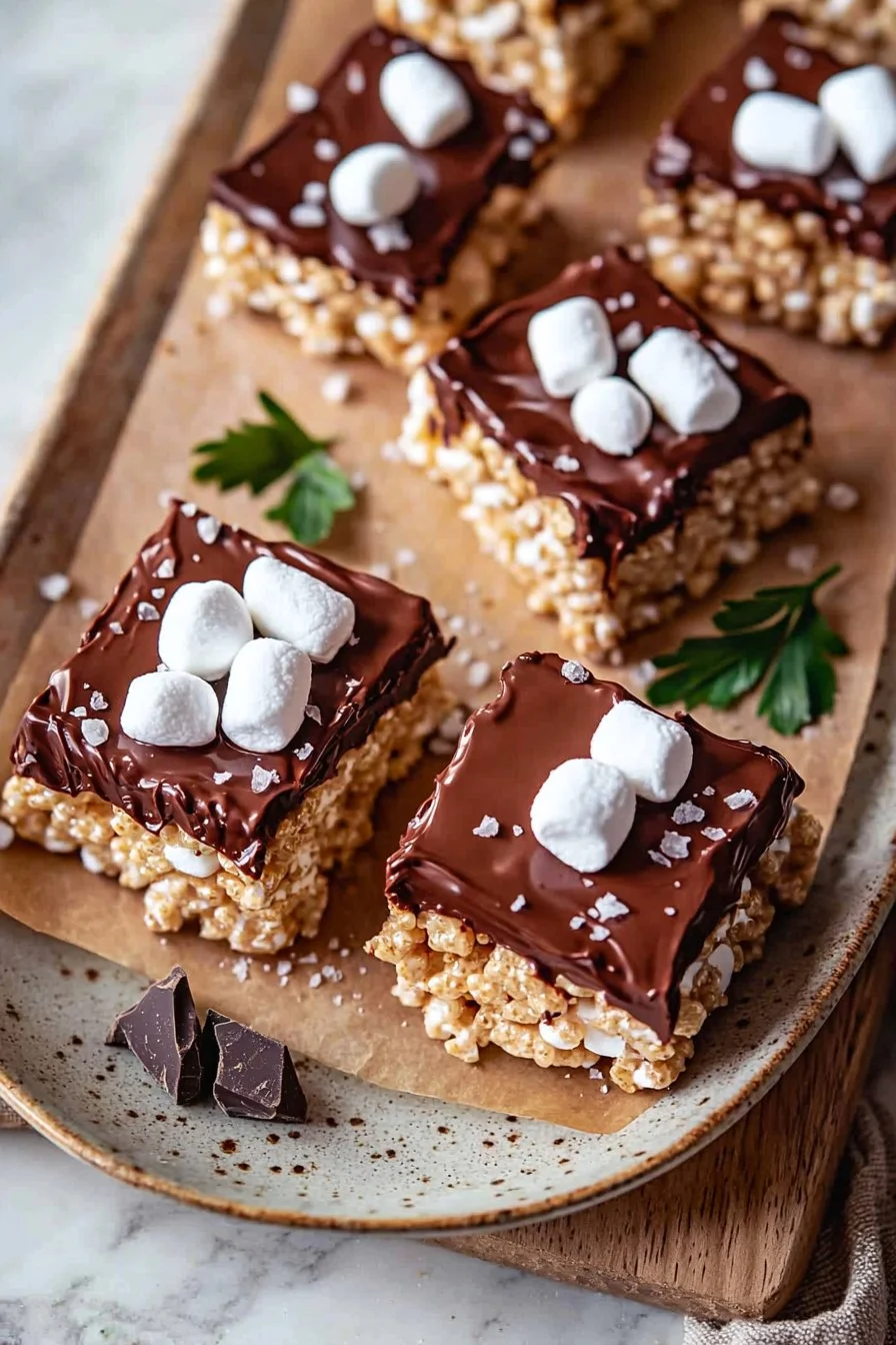 Easy chocolate dipped rice krispy treats on a colorful plate