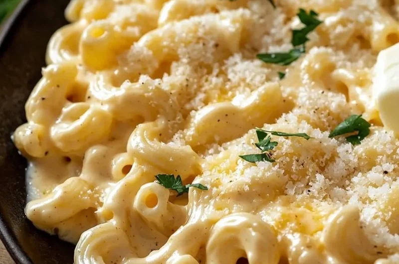 A rich and creamy upgraded mac and cheese in a bowl garnished with herbs.