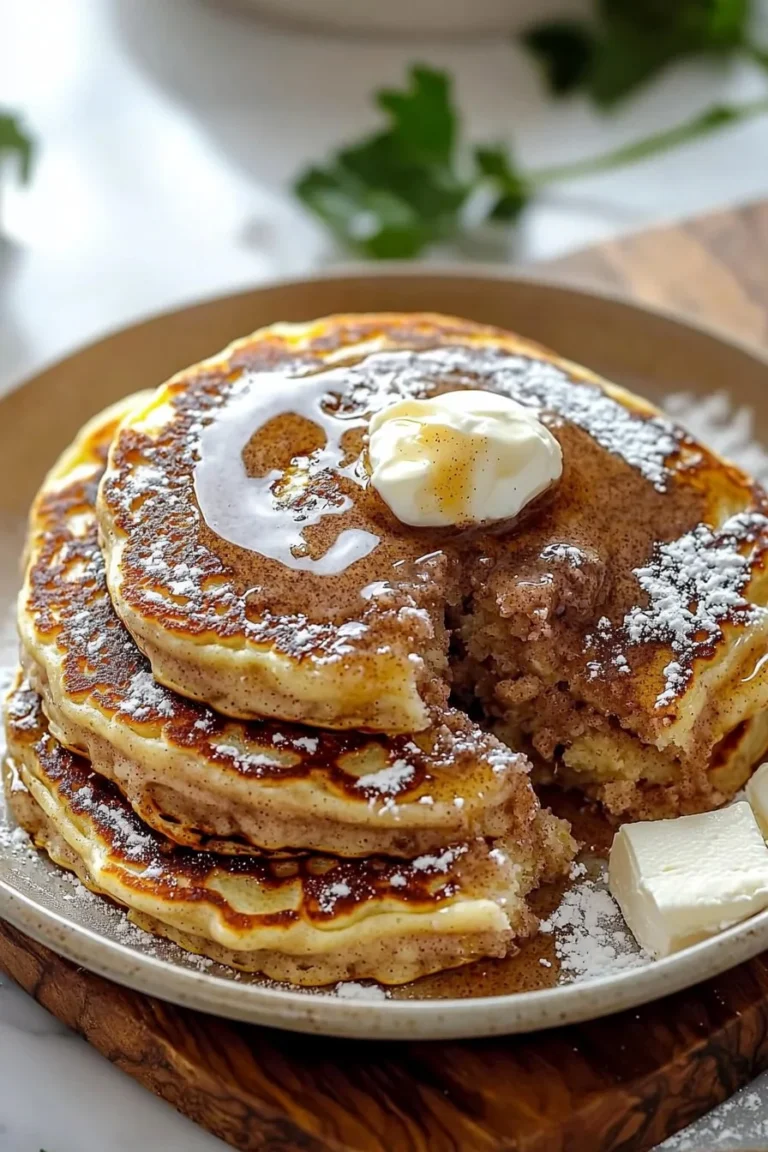 Fluffy cinnamon roll pancakes stacked on a plate with syrup and cinnamon glaze