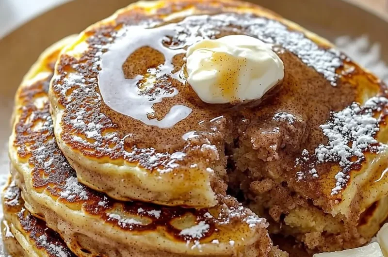 Fluffy cinnamon roll pancakes stacked on a plate with syrup and cinnamon glaze