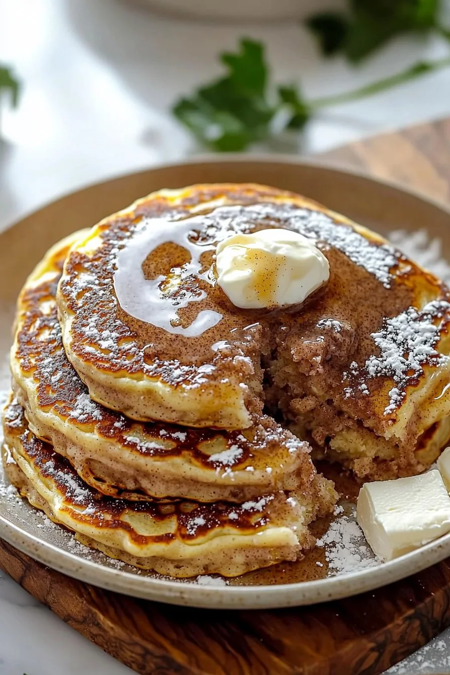 Fluffy cinnamon roll pancakes stacked on a plate with syrup and cinnamon glaze