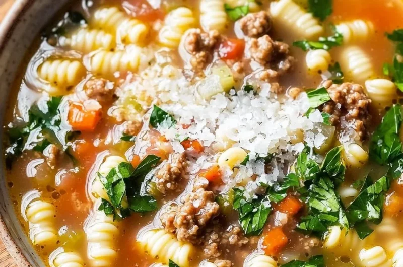Bowl of easy Italian Wedding Soup with meatballs and greens