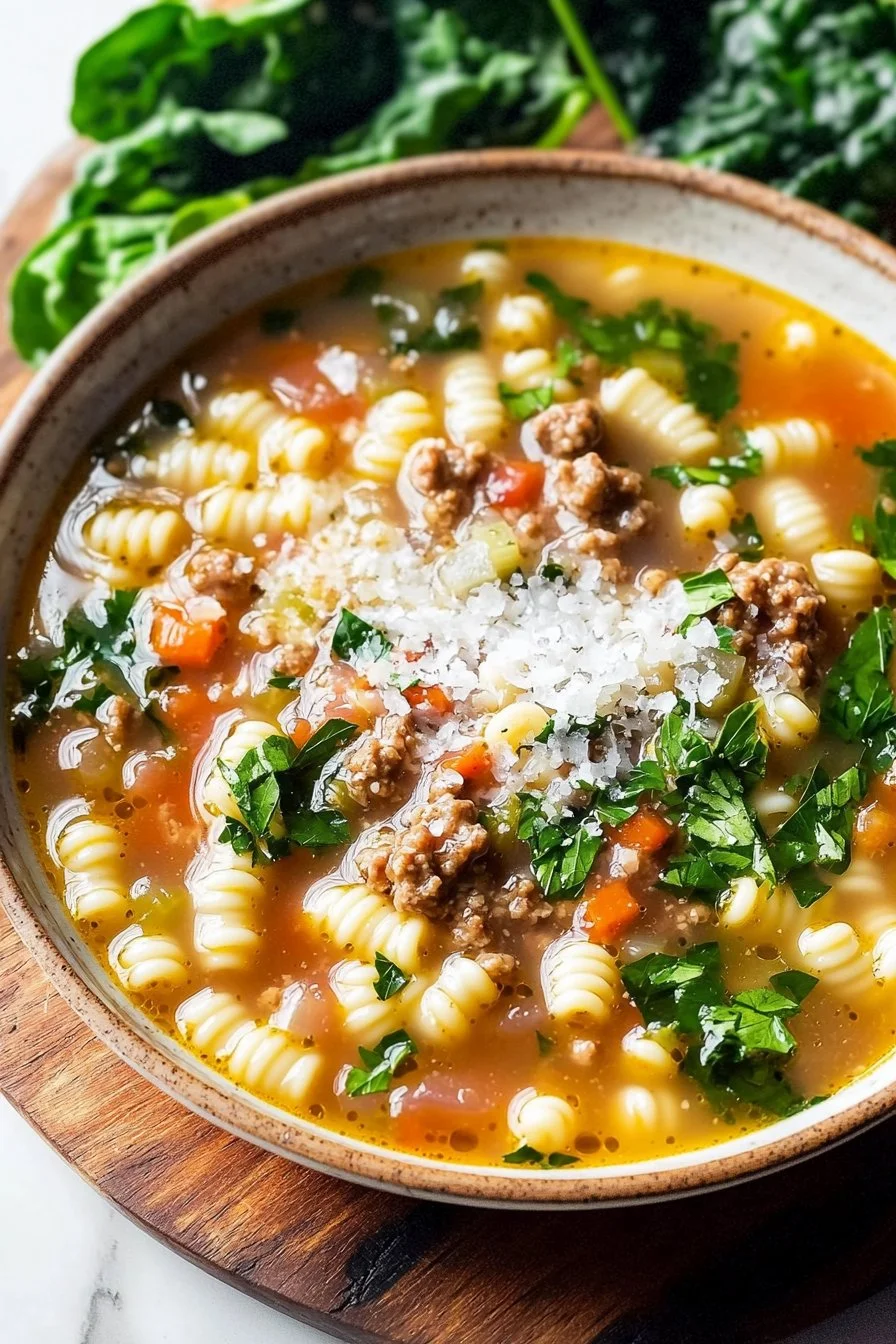 Bowl of easy Italian Wedding Soup with meatballs and greens
