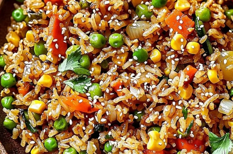 Bowl of Easy Korean Veggie Fried Rice with vibrant vegetables and seasoning
