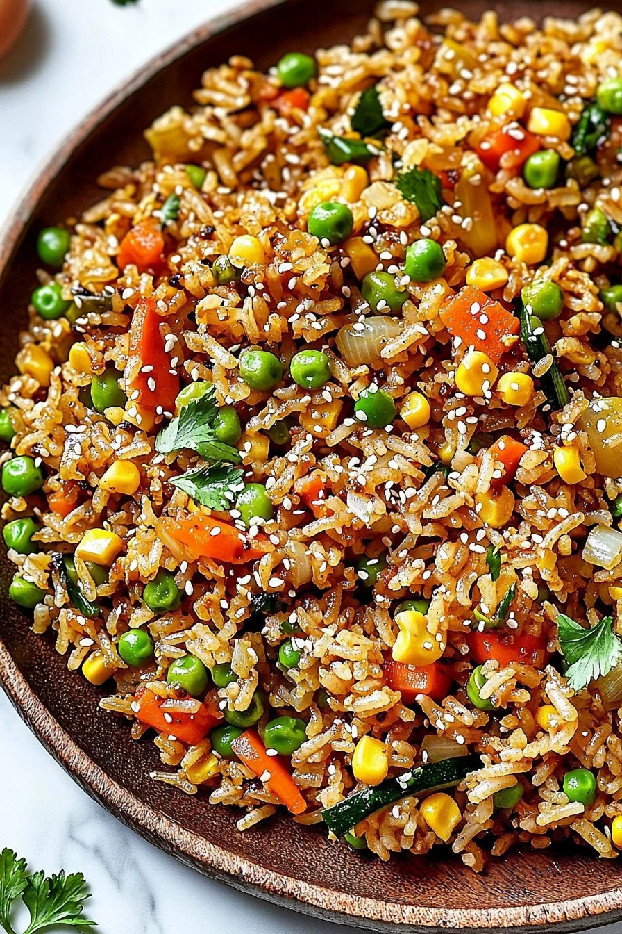 Bowl of Easy Korean Veggie Fried Rice with vibrant vegetables and seasoning