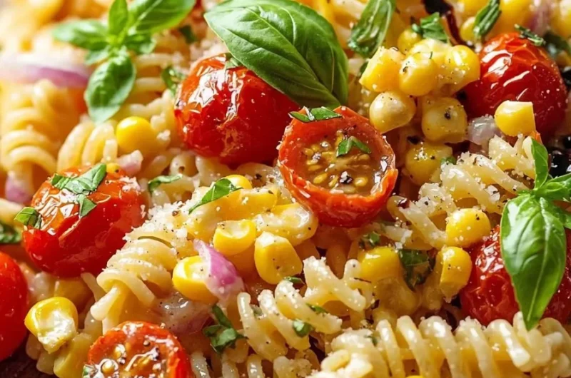 Easy roasted corn and tomato pasta salad with fresh ingredients