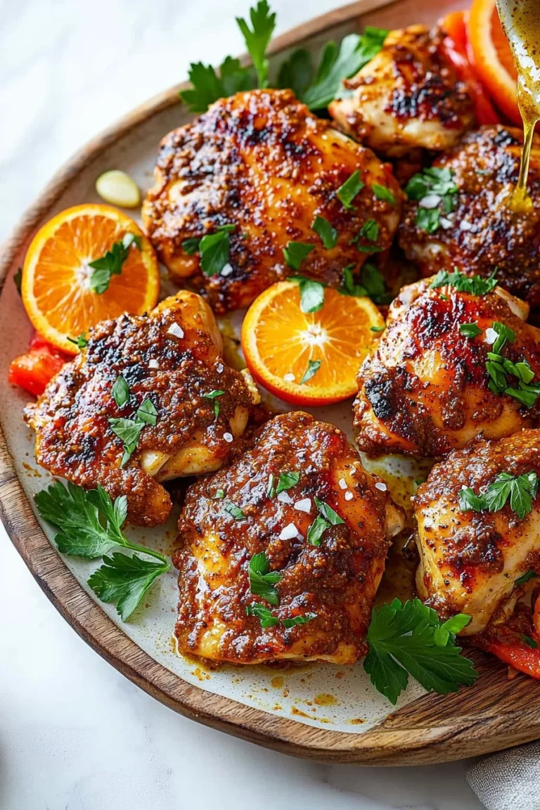 Sheet pan harissa orange chicken ready to be served with vibrant flavors