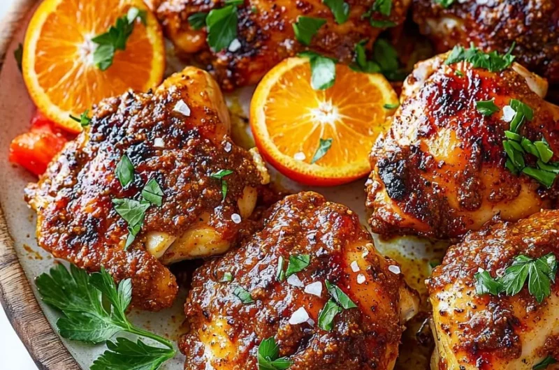 Sheet pan harissa orange chicken ready to be served with vibrant flavors