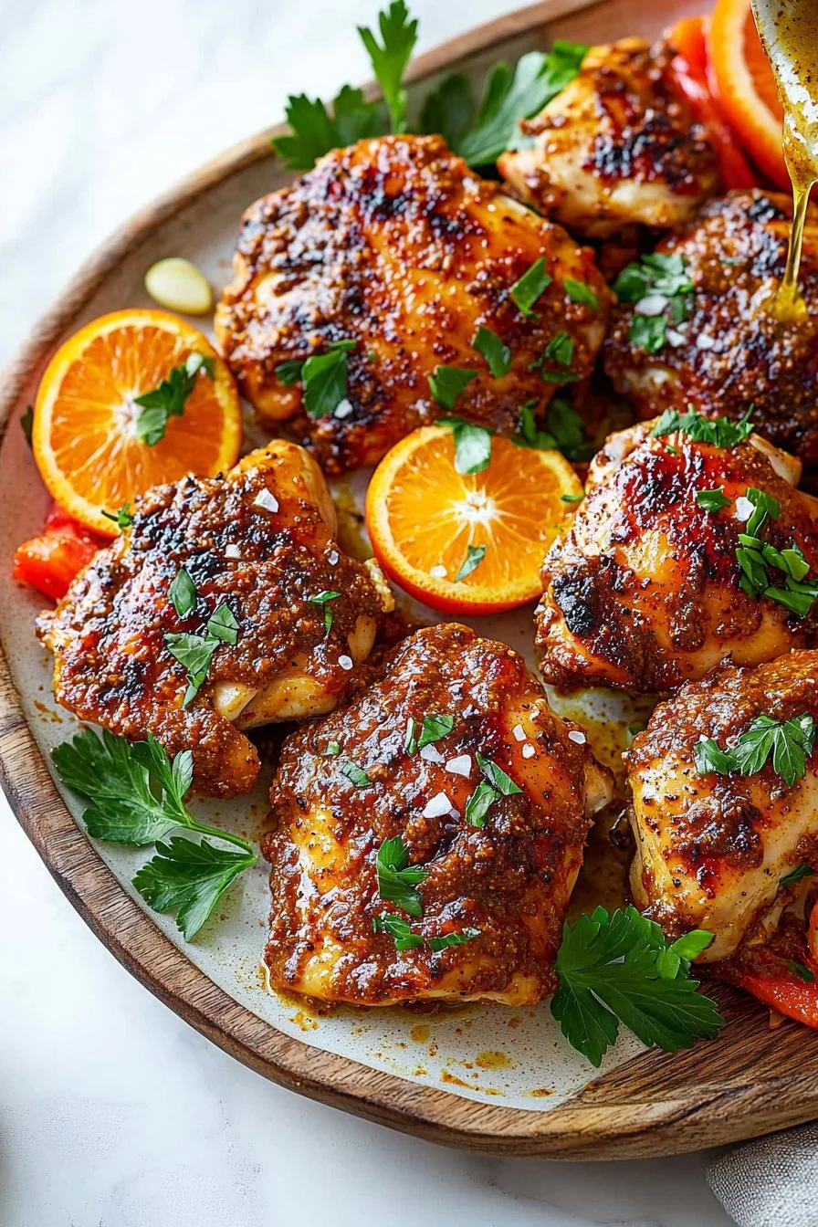 Sheet pan harissa orange chicken ready to be served with vibrant flavors
