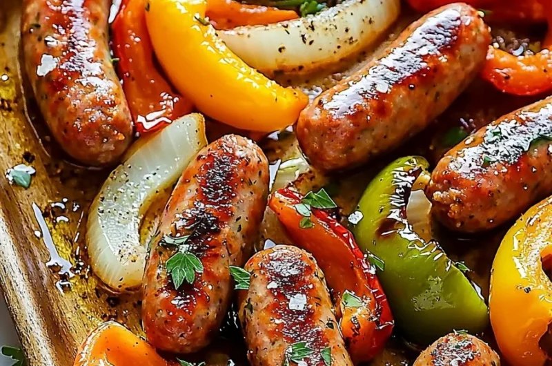Sheet pan sausage with peppers and onions cooked to perfection.