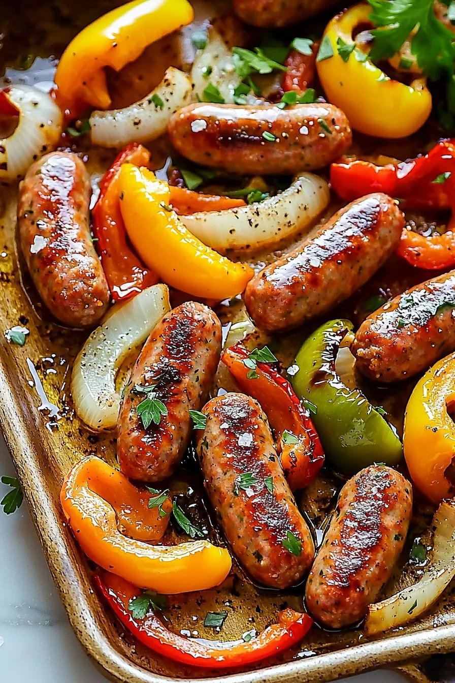 Sheet pan sausage with peppers and onions cooked to perfection.