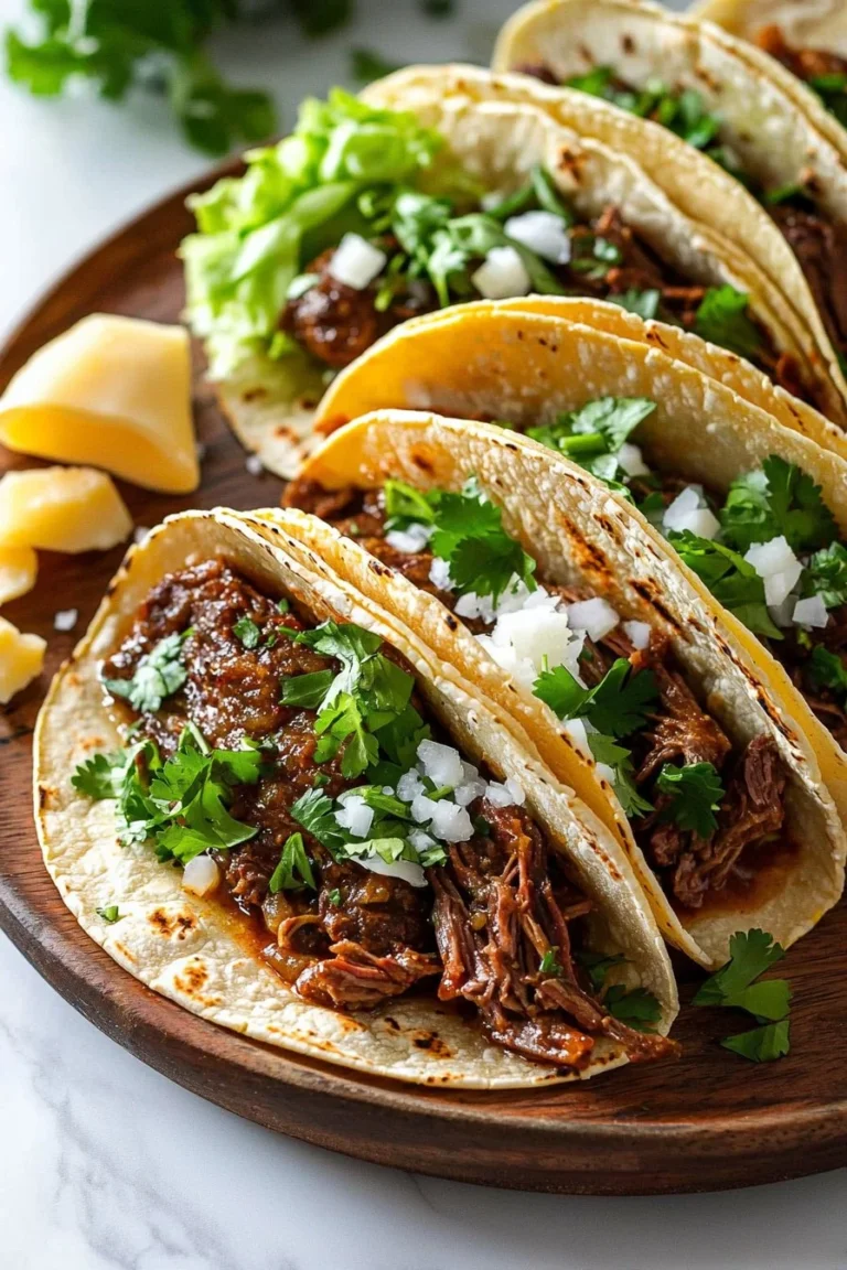 Slow cooker chipotle pot roast tacos garnished with fresh herbs and toppings