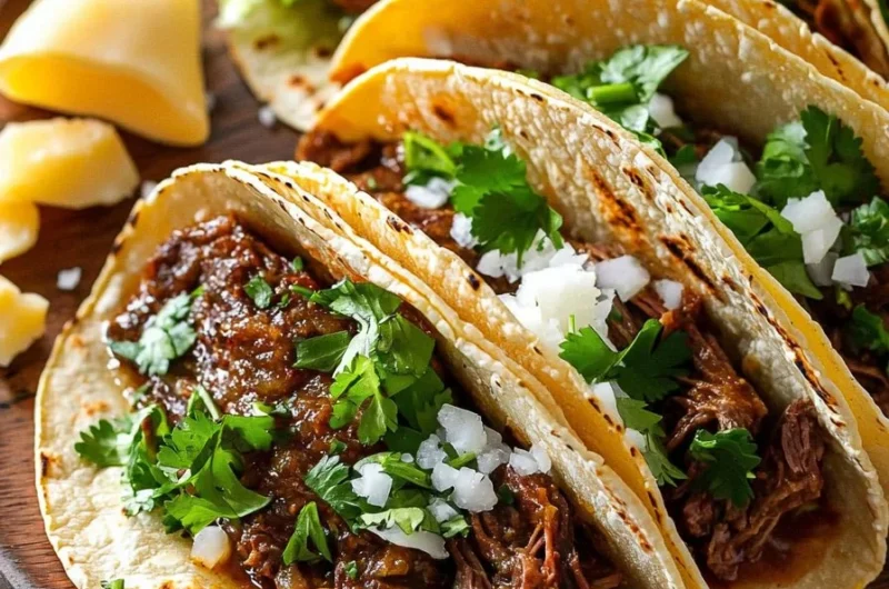 Slow cooker chipotle pot roast tacos garnished with fresh herbs and toppings