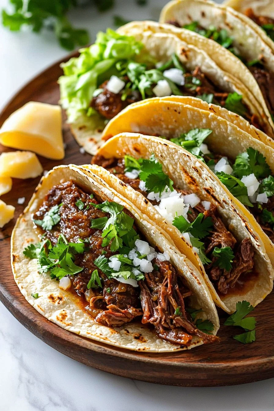 Slow cooker chipotle pot roast tacos garnished with fresh herbs and toppings