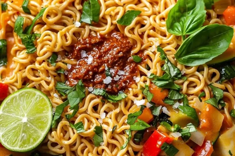 Bowl of Easy Vegan Thai Red Curry Ramen Noodles garnished with fresh vegetables