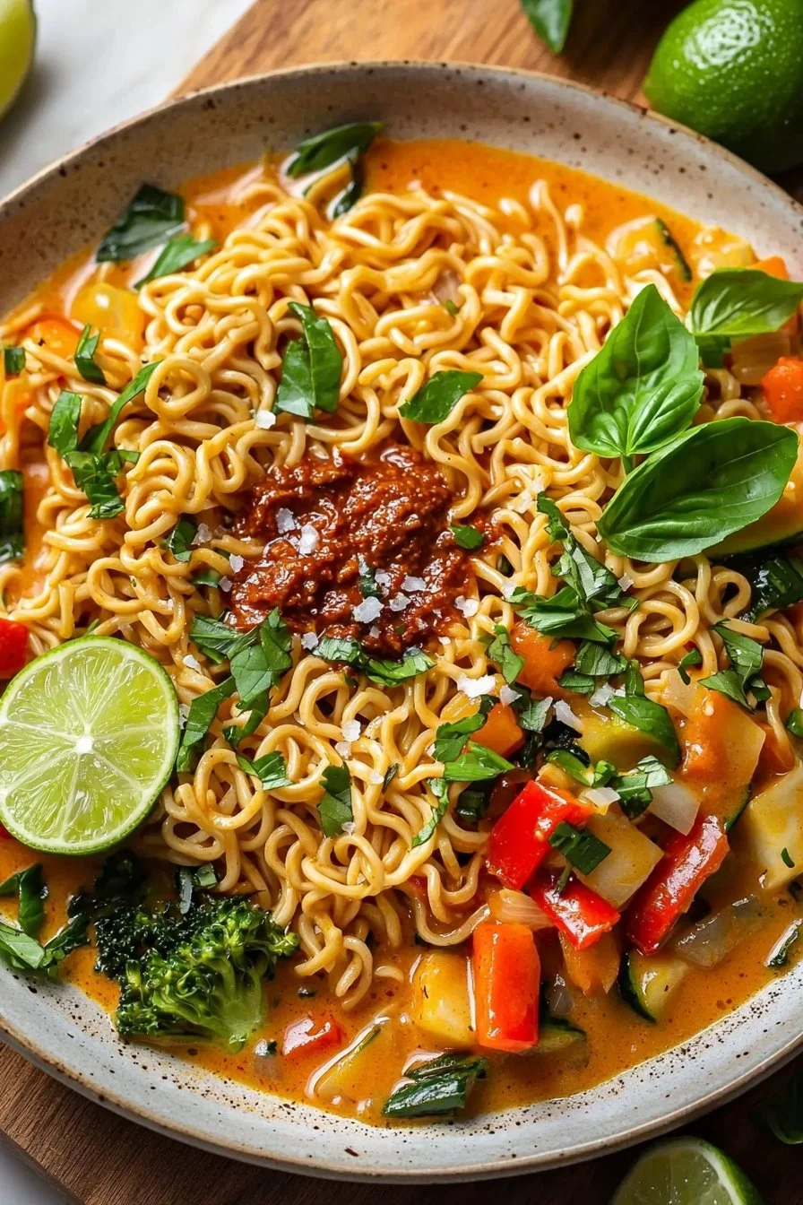 Bowl of Easy Vegan Thai Red Curry Ramen Noodles garnished with fresh vegetables