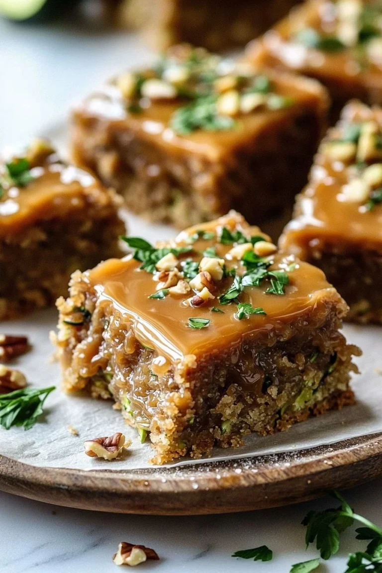 Delicious easy zucchini bars with caramel frosting served on a plate