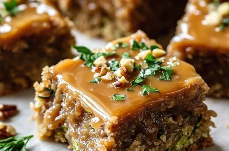 Delicious easy zucchini bars with caramel frosting served on a plate