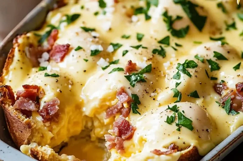 Delicious Eggs Benedict Casserole topped with poached eggs and hollandaise sauce
