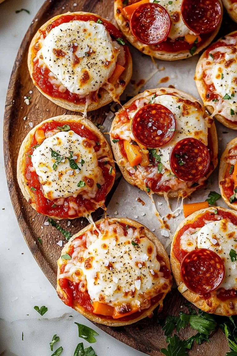 Homemade English Muffin Pizzas topped with cheese and vegetables