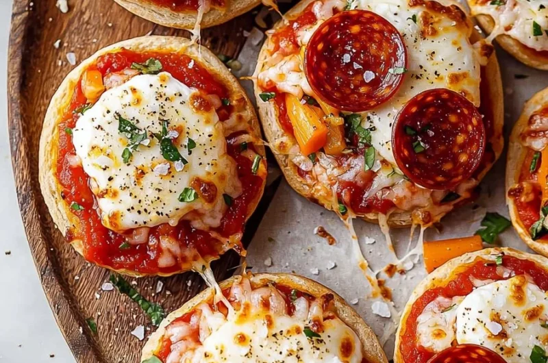 Homemade English Muffin Pizzas topped with cheese and vegetables
