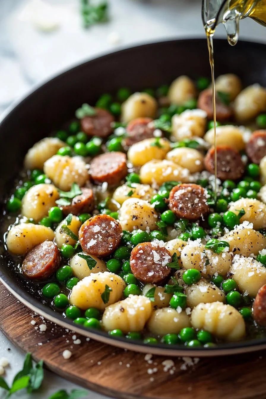 One-pan gnocchi with peas and sausage for a quick dinner dish